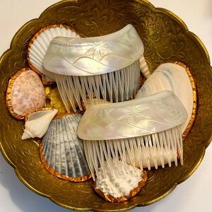 Vintage Mother of Pearl Hair Combs with Hand Carved Design